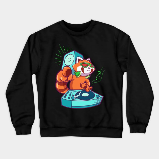 Cartoon red panda DJ at turntable Crewneck Sweatshirt by Modern Medieval Design